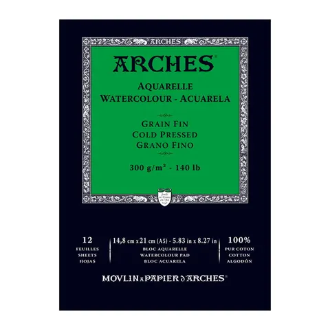 Blok do akwareli Arches Grain Fin - A5, 300 g, 12 ark., 100% bawełny, cold pressed