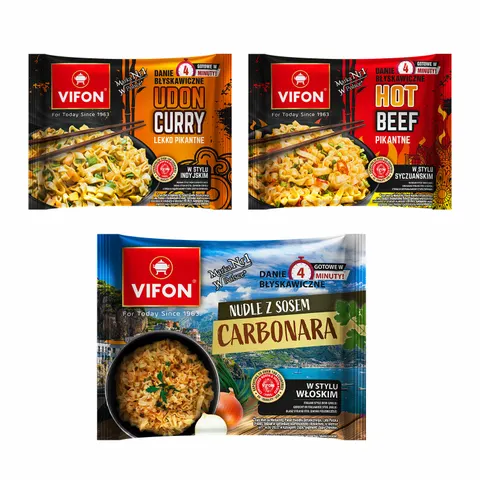 VIFON Zestaw 3 Dań Instant Carbonara Hot Beef Udon Curry Kurczak
