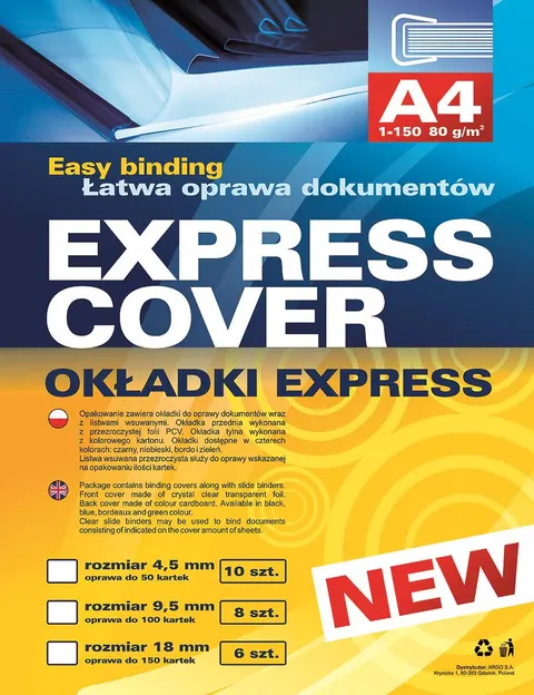 Listwy wsuwane i okładki Express Argo 9,5mm / CZARNE - zestaw do oprawy dokumentów - 8 kompletów opraw
