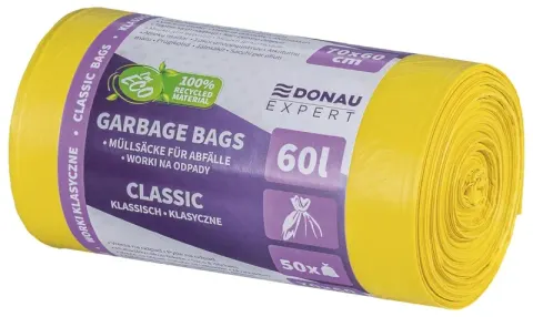 Worki na śmieci odpady DONAU EXPERT, klasyczne, LDPE, 60l, 50 szt., żółte