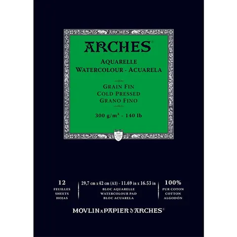 Blok do akwareli Arches Grain Fin - A3, 300 g, 12 ark., 100% bawełny, cold pressed