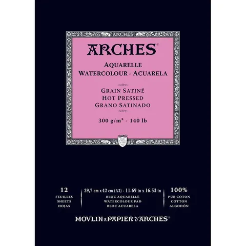 Blok do akwareli Arches Grain Satine - A3, 300 g, 12 ark., 100% bawełny, hot pressed