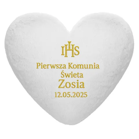 Poduszka pluszowa SERCE białe z haftem IHS