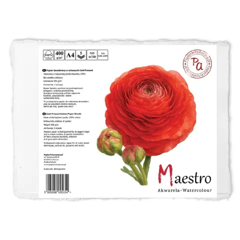 Papier do akwareli Maestro Jaskier 100% Bawełny Cold Pressed - A4, 400 g, 5 ark.