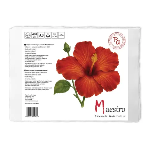 Papier do akwareli Maestro Hibiskus 100 % Bawełny Cold Pressed - A3, 400 g, 5 ark.,