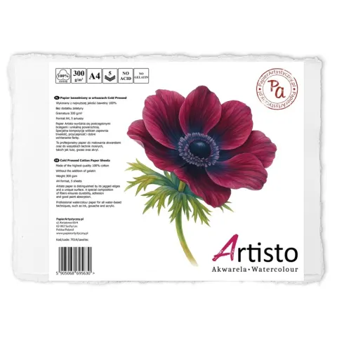 Papier do akwareli Artisto Zawilec 100% Bawełny Cold Pressed - A4, 300 g, 5 ark.