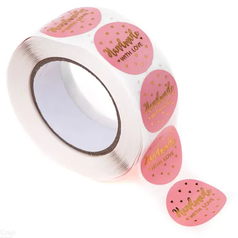 Naklejki na rolce dpCraft „Handmade with love” 500 szt. - różowe