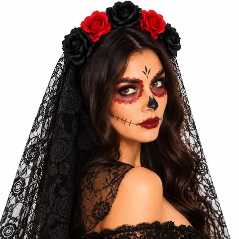 Wianek opaska z różami i czarnym koronkowym welonem - Halloween