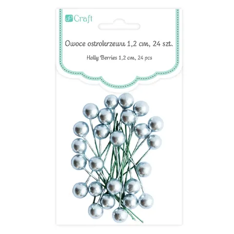 Owoce ostrokrzewu dpCraft 1,2 cm 24 szt. - srebrne