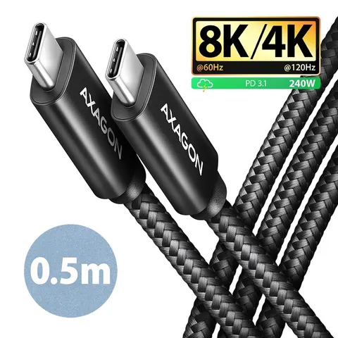 AXAGON BUCM4X-CM05AB Kabel USB-C - USB4 Gen 3x2 0.5m, PD 240W, 8K HD, ALU, oplot Czarny