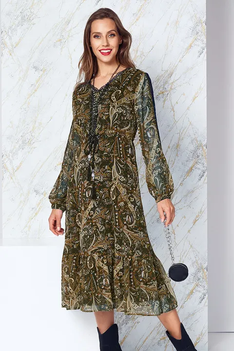 Sukienka midi boho w oliwkowe wzory Dafne