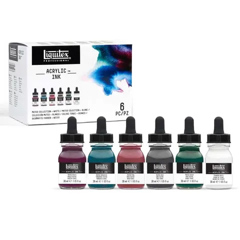 Tusze akrylowe Muted Collection + White Liquitex, zestaw 6 x 30 ml