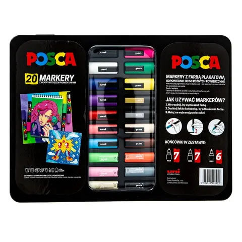 Pisaki Uni Posca w metalowej kasecie, 20 sztuk