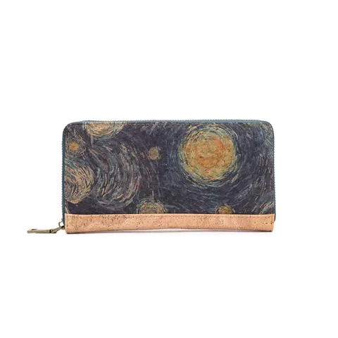 Duży, korkowy portfel damski Van Gogh RFID - niebieski portfel wegański