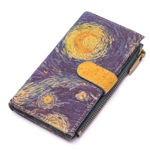 Wegański portfel damski RFID Classic Art z korka duży Van Gogh niebieski