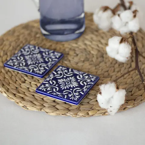 Kawadratowy ceramiczny kafelek Azulejo pod kubek niebieski 2szt