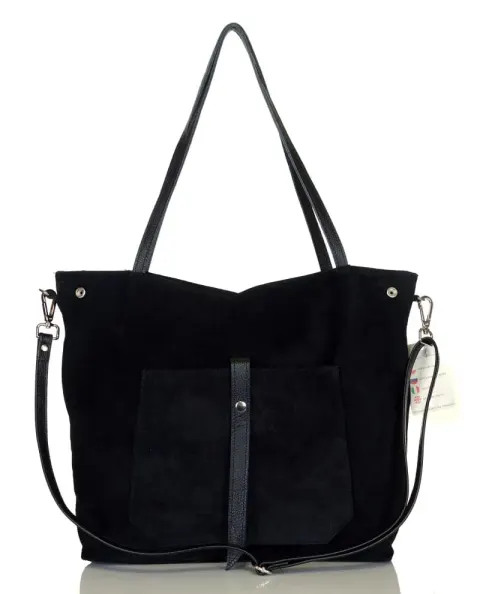 Włoski czarny zamszowy shopper SKÓRA