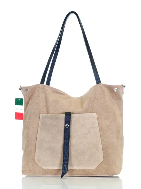 Włoski beżowy zamszowy shopper SKÓRA