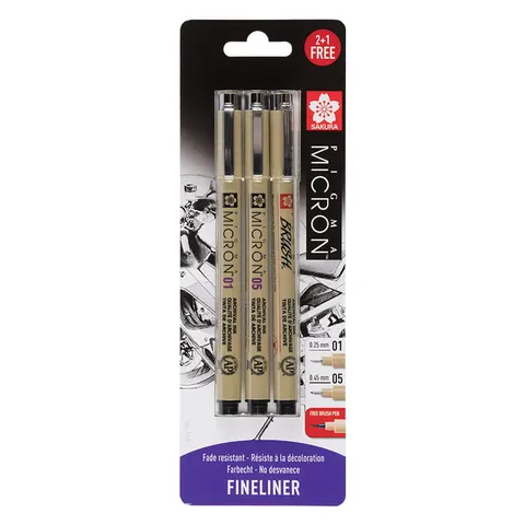 Cienkopisy Pigma Micron Fineliners Black Sakura 2 szt. + Pigma Brush Gratis