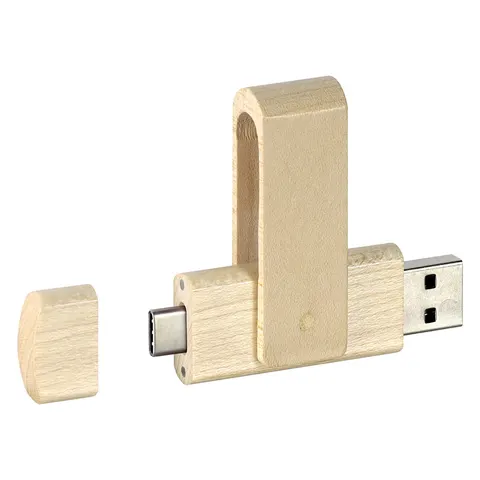 Pamięć USB 2 końcówki Typ A, Typ C drewniana obudowa z logo