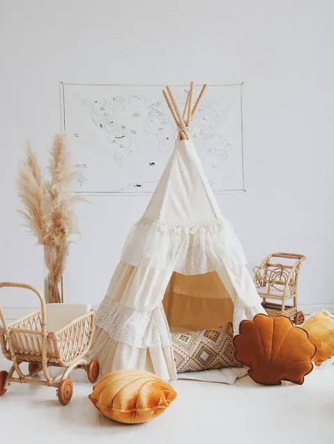 MoiMili - Zestaw tipi "Shabby chick" z matą liść "Biel"