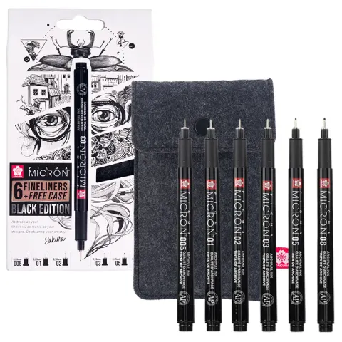 Cienkopisy Pigma Black 6 szt. + piórnik - 005, 01, 02, 03, 05, 08