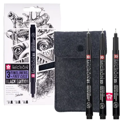 Cienkopisy Pigma Black 3 szt. + piórnik - 01, 03, 05