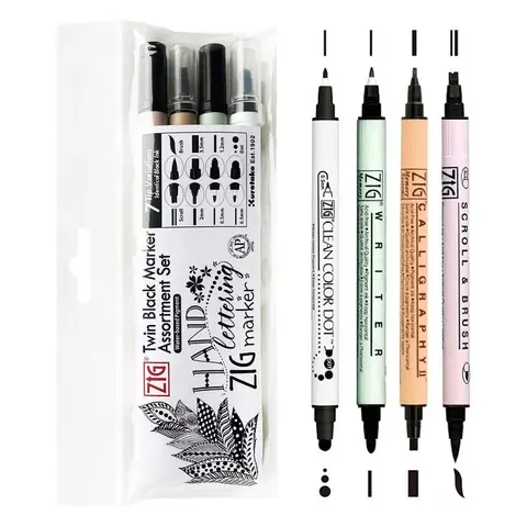 Markery do kaligrafii Kuretake Twin Black Marker Assortment zestaw 4 szt.