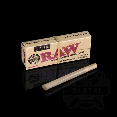 Bibułki Raw Classic Connoisseur 1 1/4 + zwinięte ustniki papierowe