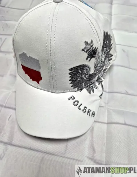 Czapka z daszkiem biała Orzeł napis Polska haft