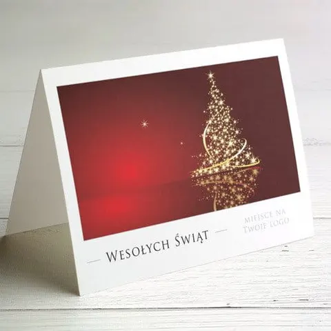 Kartki świąteczne firmowe wzór choinka na czerwonym tle - 10x15 cm