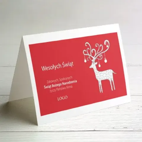 Czerwone firmowe kartki świąteczne z jelonkiem - 10x15 cm