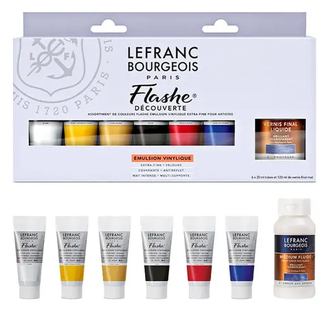 Farby winylowe Flashe Lefranc & Bourgeois Extra-Fine Discovery set 6 x 20ml + 120 ml lakier matowy