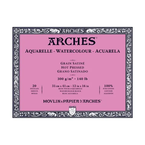 Blok do akwareli Arches Grain Satine - 31 x 41 cm, 300 g, 20 ark., 100% bawełny, hot pressed