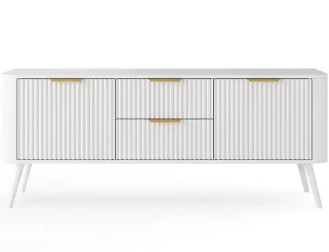 Biała szafka RTV CHAVELLE 150 cm ryflowany front, złoty uchwyt