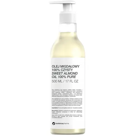 Botanicapharma Olej migdałowy 100% czysty do twarzy ciała i włosów pompka 500ml