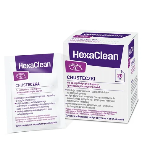 HEXACLEAN, chusteczki do specjalistycznej higieny i pielęgnacji brzegów powiek, 20 szt.
