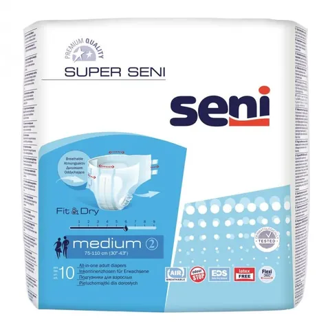SUPER SENI, pieluchomajtki dla dorosłych na rzepy, rozmiar M, obwód 75-110 cm, 10 szt.