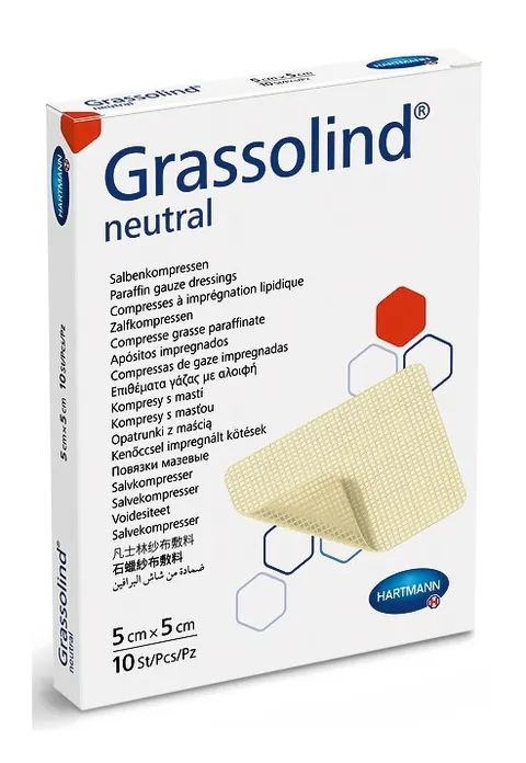 GRASSOLIND, opatrunek jałowy z neutralną maścią, 5 cm x 5 cm, 10 szt.