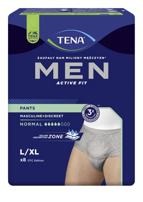 TENA MEN PANTS NORMAL GREY, majtki chłonne, rozmiar L/XL, 8 szt.