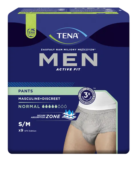 TENA MEN PANTS NORMAL GREY, majtki chłonne, rozmiar S/M, 9 szt.