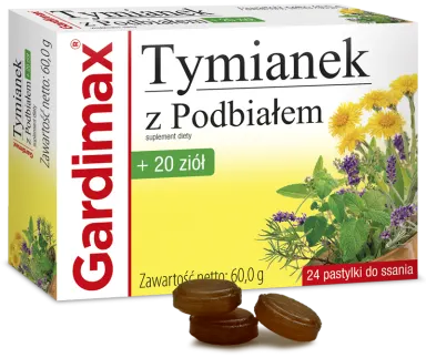 GARDIMAX TYMIANEK Z PODBIAŁEM + 20 ZIÓŁ, pastylki do ssania, 24 szt.