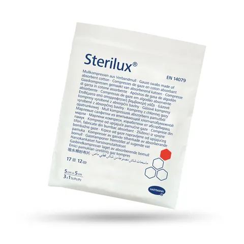 STERILUX, jałowe kompresy gazowe (17N 12W), 7,5 x 7,5 cm, 3 szt.