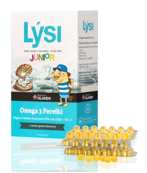 LYSI JUNIOR OMEGA 3, perełki o smaku gumy balonowej, kapsułki, 60 szt.
