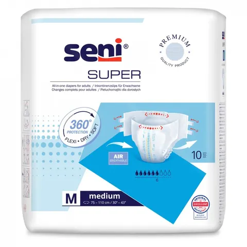 SENI SUPER, pieluchomajtki, rozmiar M, obwód 75-110 cm, 10 szt.
