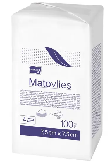 MATOVLIES , niejałowe kompresy z gazy, 4-warstwowe, 7,5 x 7,5 cm, 100 szt.