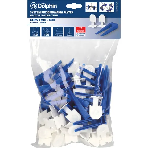 Blue Dolphin System Poziomowania Płytek klips 1mm - 50 szt. + klin 50 szt.