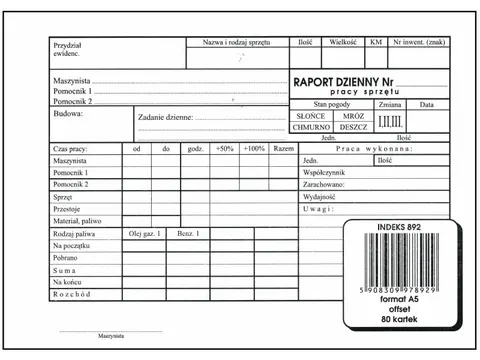 Raport Dzienny Pracy Sprzętu Emeko A5 offset