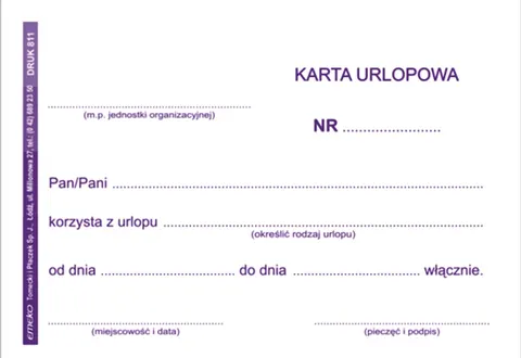 Karta urlopowa A6 – druk kadrowy, 80 arkuszy, papier offset (DR811)