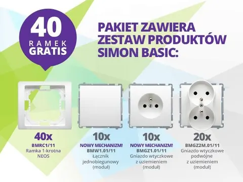 Simon Basic Neos Gniazda + Łączniki + RAMKI GRATIS BMW.BOX1/11